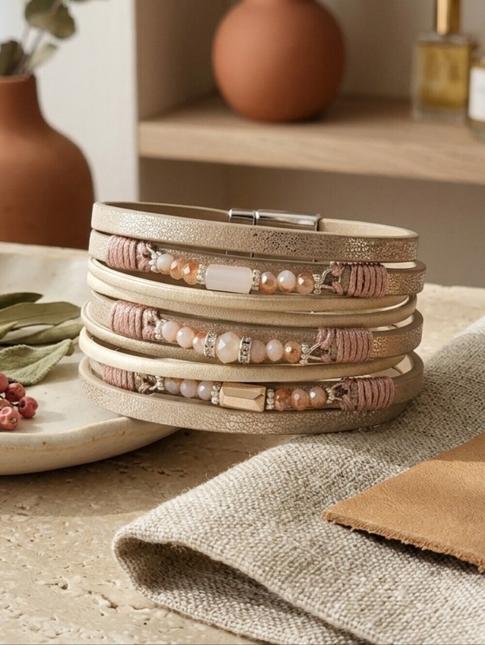 Vegan Leather Wrap Bracelet Champagne Multi Strand Beaded Magnetic Boho 7.5"